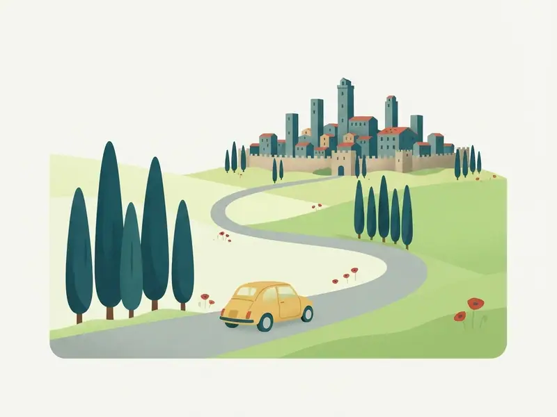 Carro alugado pequeno numa estrada da Toscana com ciprestes e colinas, e o portão de uma cidade medieval ao fundo.