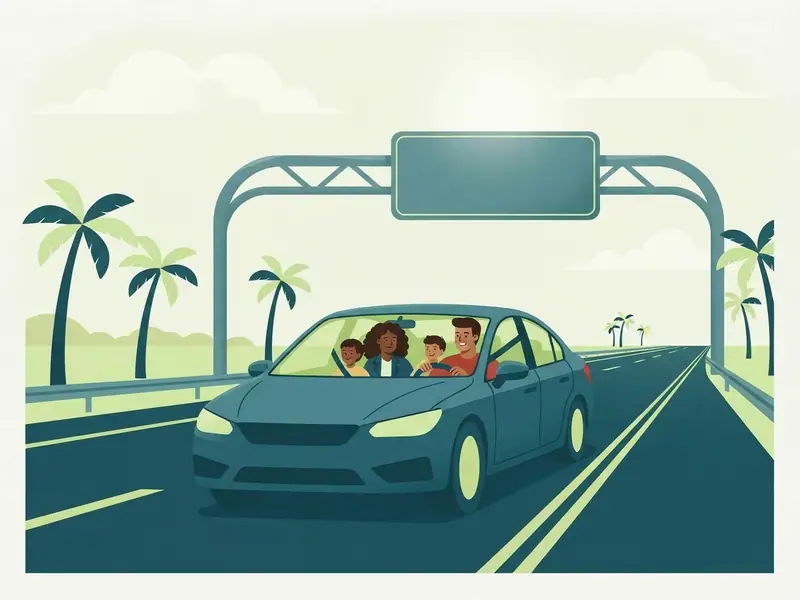Carro conversível alugado numa rodovia da Flórida com palmeiras, céu de sol e um pórtico de pedágio sem texto.