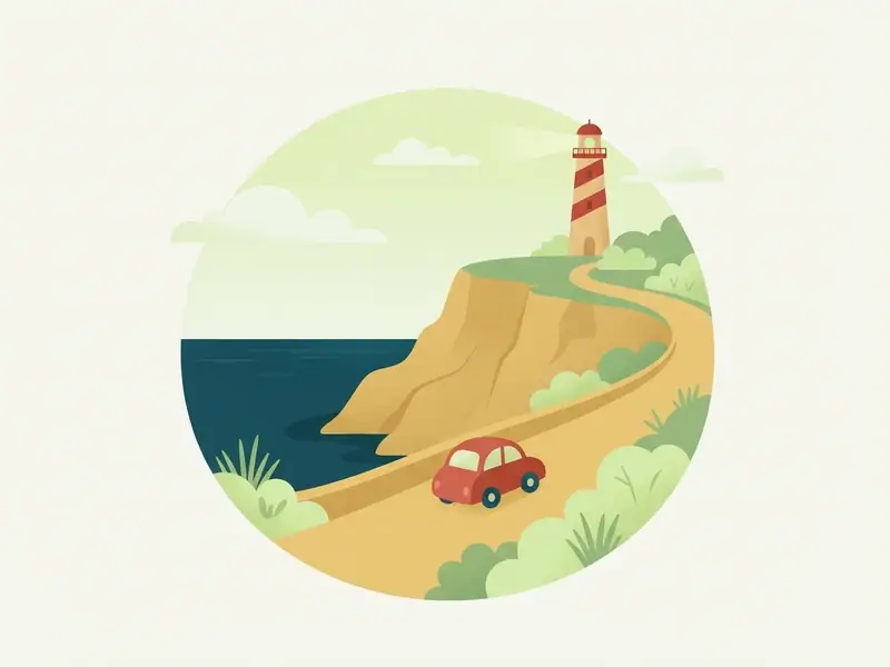 Carro alugado pequeno numa estrada à beira-mar em Portugal, com falésias, o oceano e um farol ao fundo.