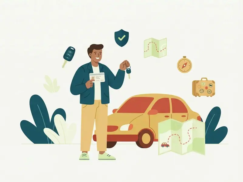 Viajante segurando a chave do carro e a carteira de motorista ao lado de um carro alugado e de um mapa com uma rota tracejada.