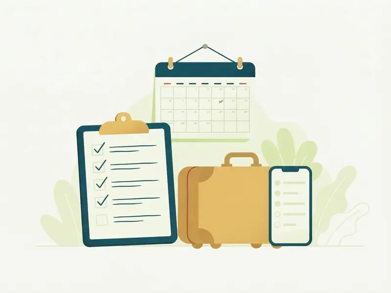 Prancheta com itens marcados, mala, calendário e celular com lista