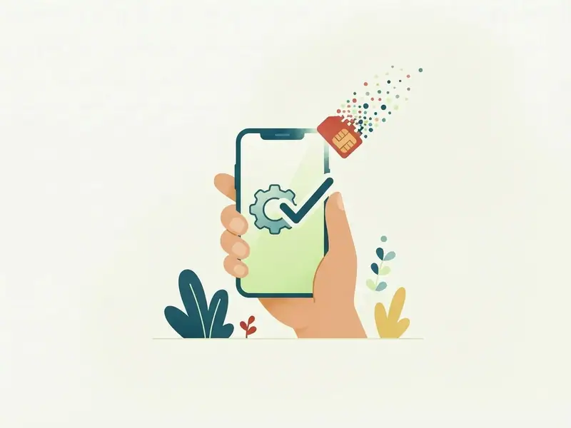 Pessoa segurando um celular com os ajustes abertos, um grande sinal de confirmação e um pequeno chip se desfazendo em partículas digitais.