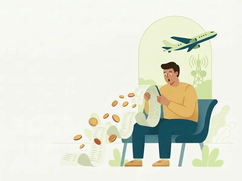 Viajante com cara de surpresa olhando uma conta de celular, com moedas voando, uma torre de sinal e um avião ao fundo.