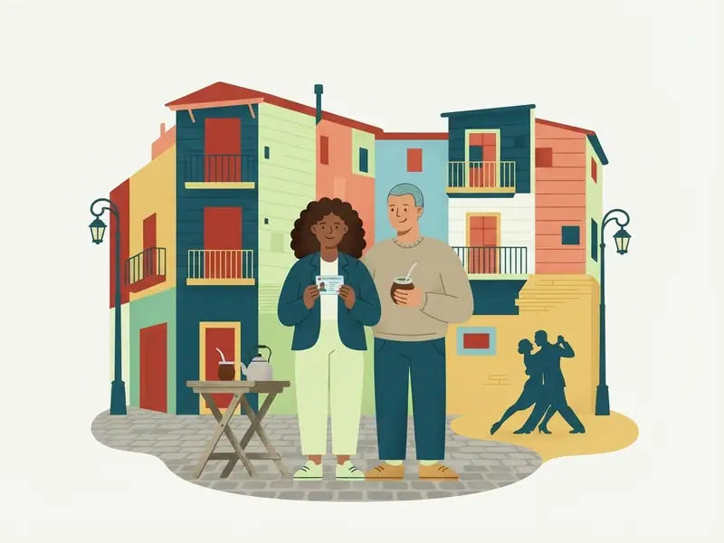 Casal de viajantes em Buenos Aires diante das casas coloridas do Caminito, com a silhueta de um casal de tango num muro e uma cuia de mate, segurando uma carteira de identidade.