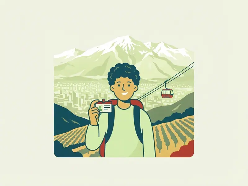 Viajante de mochila diante da Cordilheira dos Andes nevada, acima de Santiago, com uma fileira de parreiras e um teleférico, segurando uma carteira de identidade.