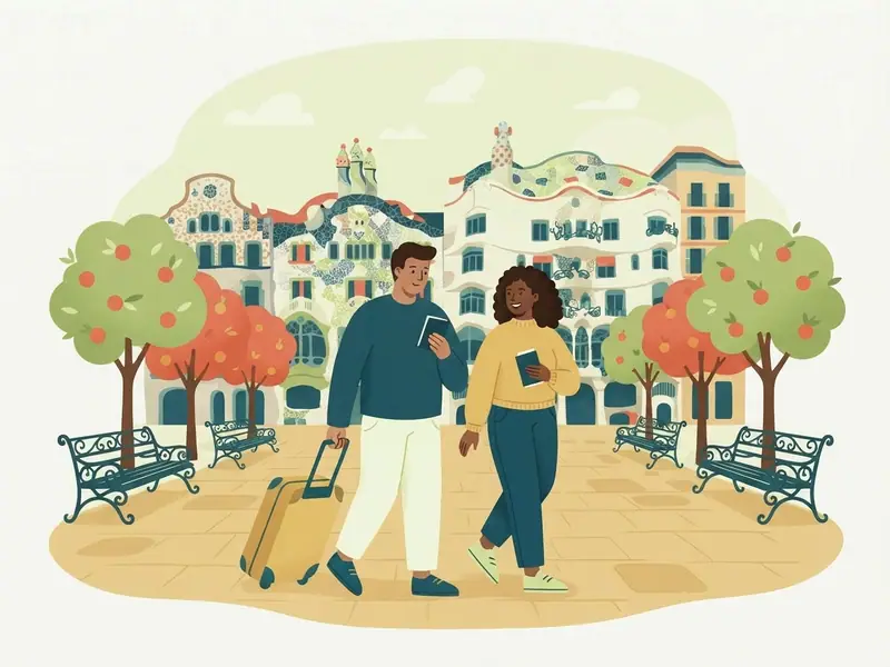 Casal de viajantes com mala e passaporte numa praça espanhola com laranjeiras, um prédio de curvas no estilo de Gaudí e um leque de flamenco.