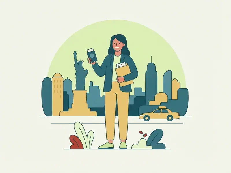 Viajante diante de um prédio com colunas, no estilo de consulado americano, segurando o passaporte e uma pasta de documentos, com o perfil de Nova York e um táxi amarelo ao fundo.
