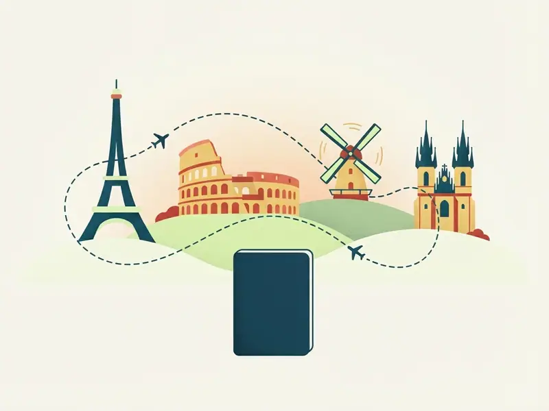 Colagem em forma de mapa com monumentos europeus, como a Torre Eiffel, o Coliseu, um moinho e torres no estilo da Sagrada Família, ligados por uma rota de voo tracejada, com um passaporte em primeiro plano.