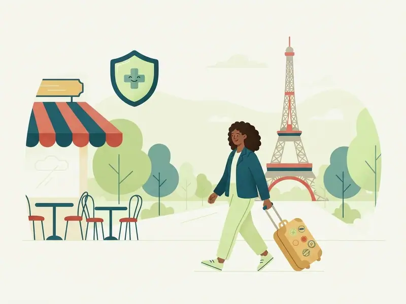 Viajante com mala de rodinhas num bulevar de Paris com a Torre Eiffel ao fundo, toldo de café e um escudo de saúde flutuando ao lado.