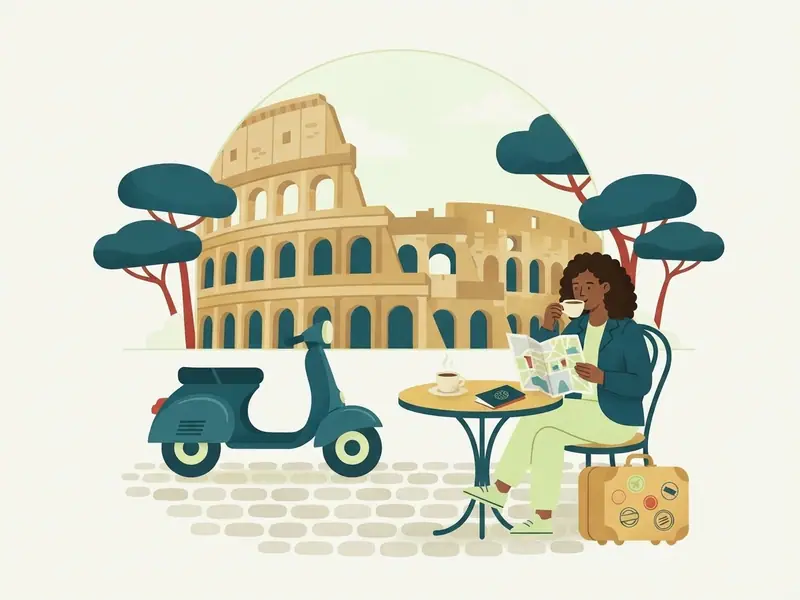 Viajante numa praça de Roma com o Coliseu ao fundo, uma lambreta e uma mesa de café com expresso, passaporte e mapa.