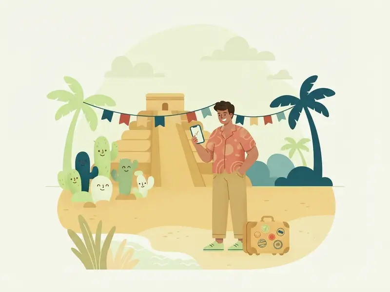 Viajante numa praia mexicana com uma pirâmide maia ao fundo, bandeirinhas de papel recortado sem texto e cactos, segurando um celular com sinal de aprovado.