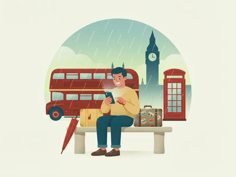 Viajante usando um app no celular ao lado de um ônibus vermelho de dois andares e uma cabine telefônica vermelha, com a torre do relógio de Londres, nuvens de chuva e um guarda-chuva.