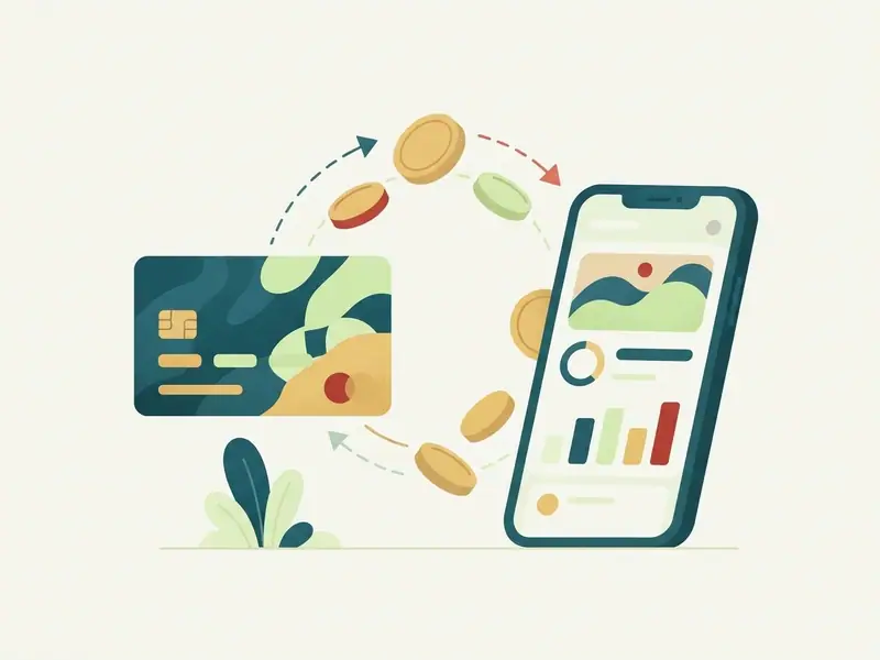 Cartão pré-pago e celular com aplicativo de banco lado a lado, com moedas passando de um para o outro por setas tracejadas.