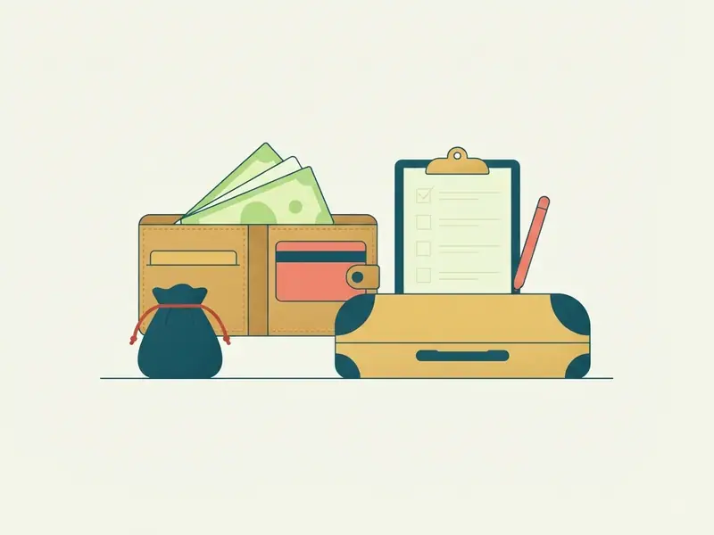 Carteira aberta com algumas cédulas e um cartão de crédito, ao lado de uma pochete de viagem, uma mala e uma lista de itens.