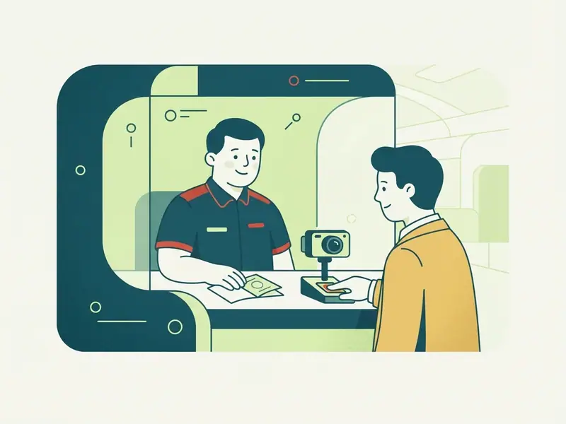 Guichê de controle de fronteira com um agente, um viajante olhando para a câmera e apoiando os dedos no leitor de digitais, com o passaporte no balcão.