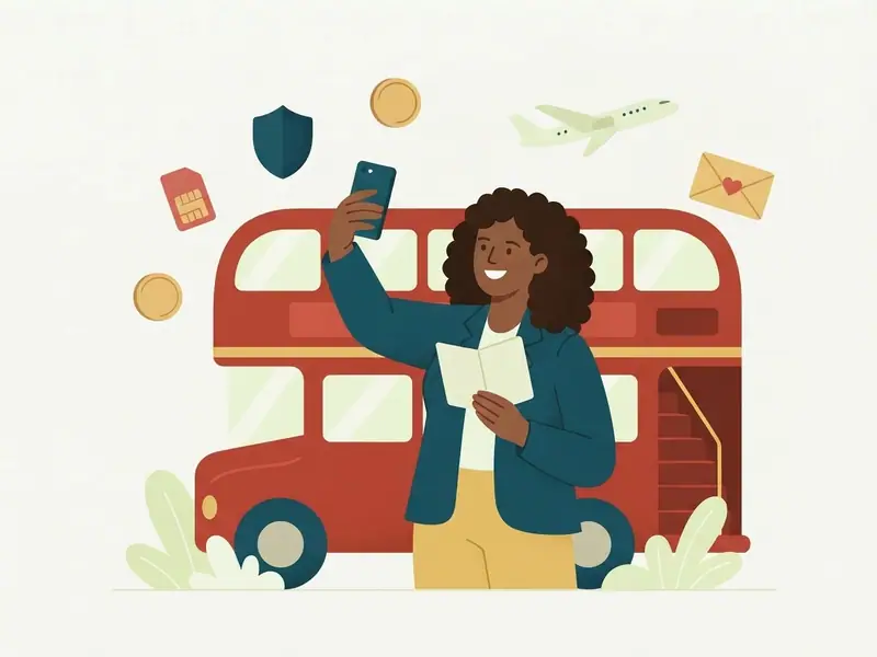 Viajante segura o celular e tira uma selfie para o pedido da autorização, com um passaporte e a silhueta de um ônibus de dois andares ao fundo.