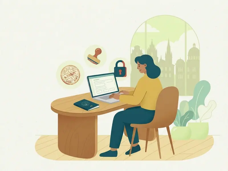 Pessoa preenche um formulário online no notebook, com o passaporte ao lado, um grande carimbo, um cadeado e a silhueta de um prédio europeu ao fundo.