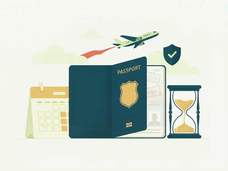 Passaporte azul-marinho aberto ao lado de um calendário e de uma ampulheta, com um avião ao fundo e um sinal de confirmado.