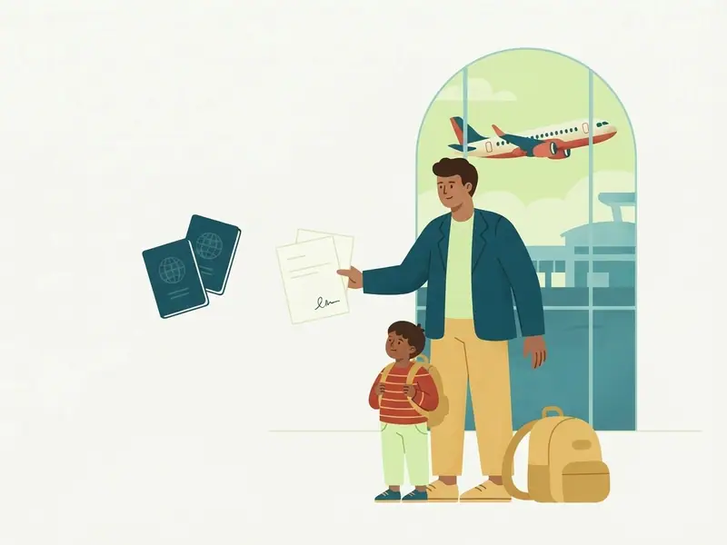 Pai ou mãe e uma criança com mochila pequena no aeroporto; o adulto segura dois documentos assinados e dois passaportes, com a janela do avião ao fundo.
