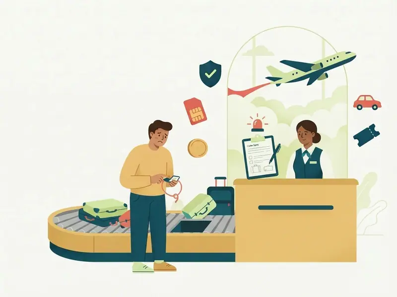 Viajante na esteira de bagagens do aeroporto procurando uma mala que não chegou, com o balcão de atendimento da companhia aérea e um formulário de reclamação.