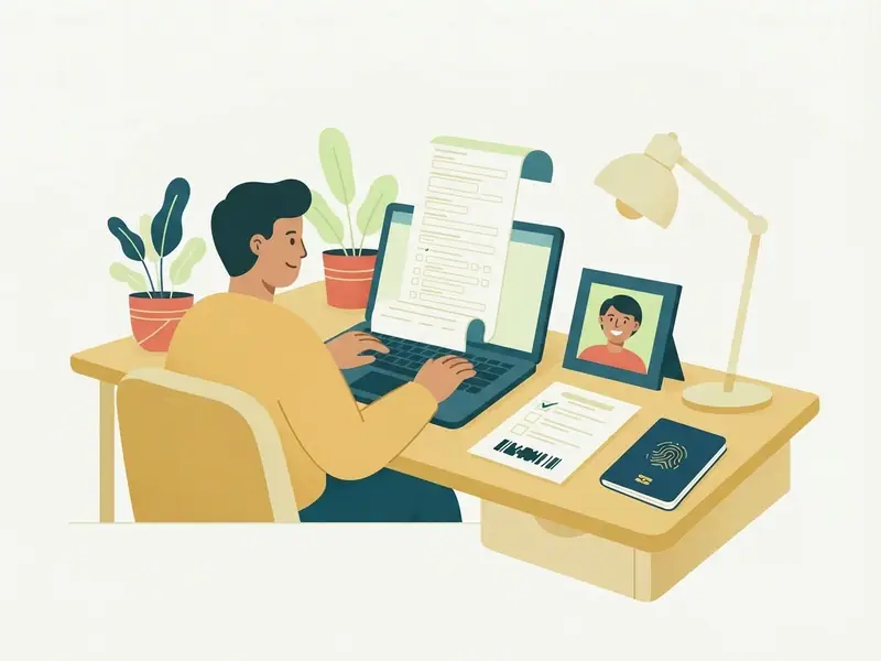 Pessoa no notebook preenchendo um longo formulário de visto on-line, com uma moldura de foto digital, uma página impressa com código de barras e um passaporte azul-marinho.