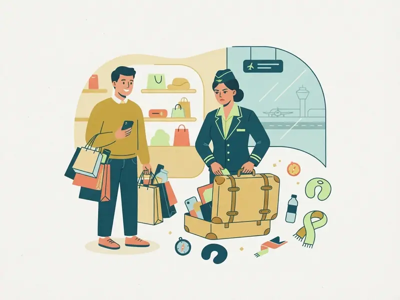 Viajante voltando com sacolas de compras no free shop de um aeroporto, com um fiscal da alfândega, uma mala e um celular.