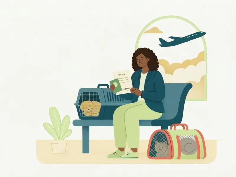 Viajante num aeroporto com um cachorro numa caixa de transporte e um gato numa bolsa, segurando um certificado veterinário e um pequeno passaporte.