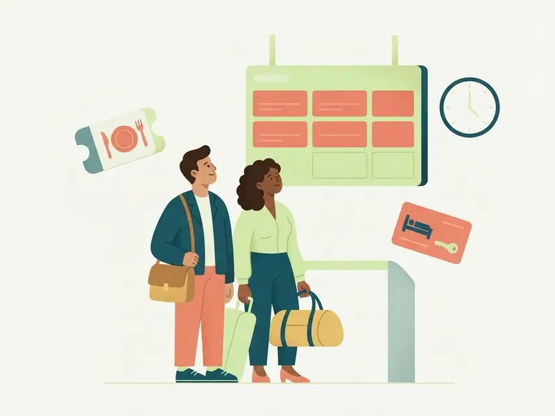 Passageiros no portão de embarque olhando um painel de partidas com as informações apagadas, com um relógio, um voucher de refeição e o cartão-chave de um hotel.