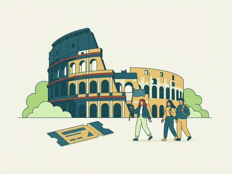 O Coliseu de Roma com um pequeno grupo de turistas e um guia segurando uma bandeirinha sem texto, e um ingresso em primeiro plano.