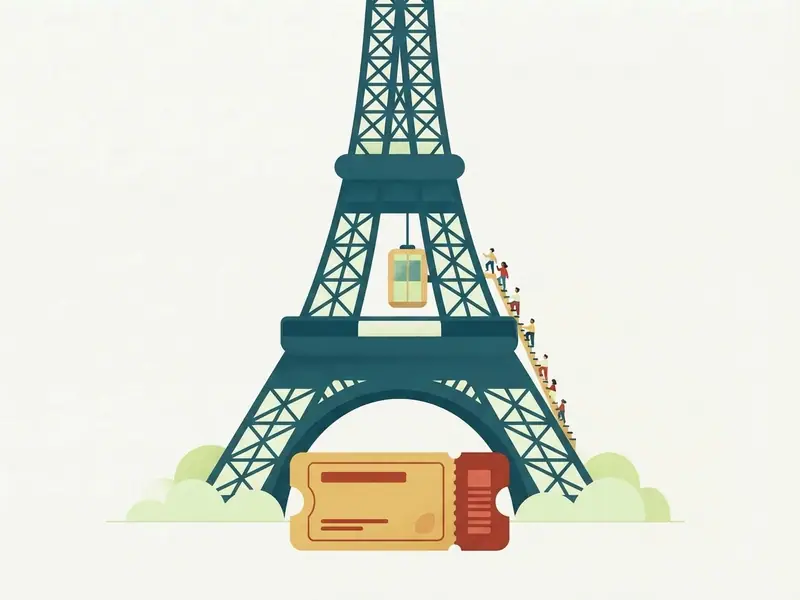 A Torre Eiffel com um elevador subindo e pessoas subindo pela escada, com um ingresso em primeiro plano.