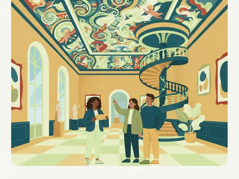 Visitantes admiram um grande salão de museu com teto pintado e uma escada em espiral, com um ingresso na mão.