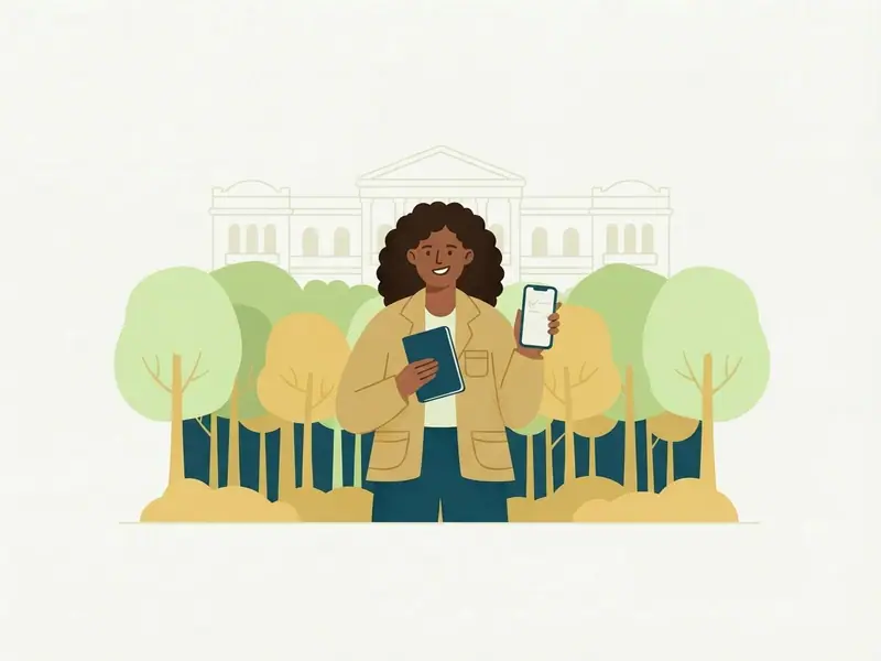 Ilustração de viajante com passaporte e celular diante da floresta de seringueiras e do palácio de Rio Branco