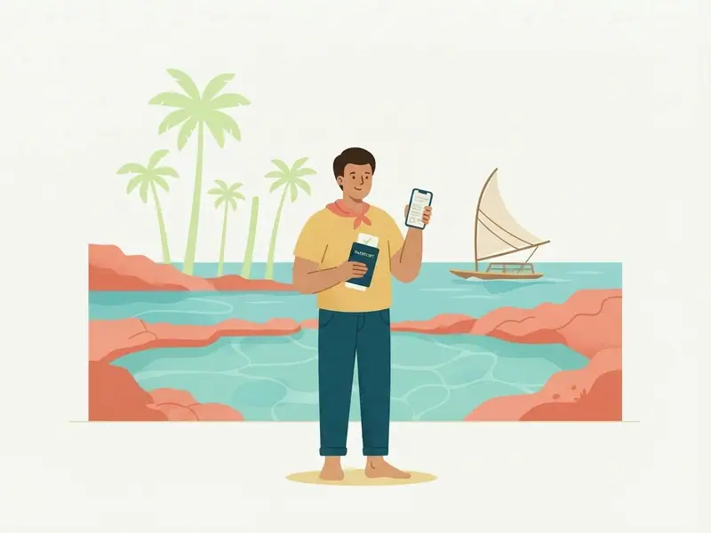 Ilustração de viajante com passaporte e celular diante das piscinas naturais de Maceió, coqueiros e uma jangada