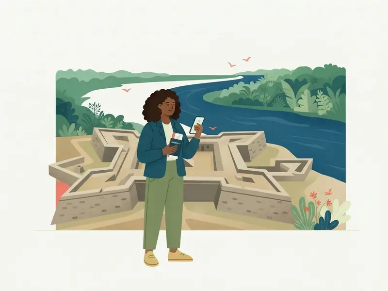 Ilustração de viajante com passaporte e celular diante da Fortaleza de São José às margens do Amazonas
