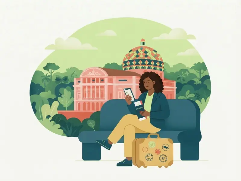 Ilustração de viajante com passaporte e celular diante do Teatro Amazonas e da floresta
