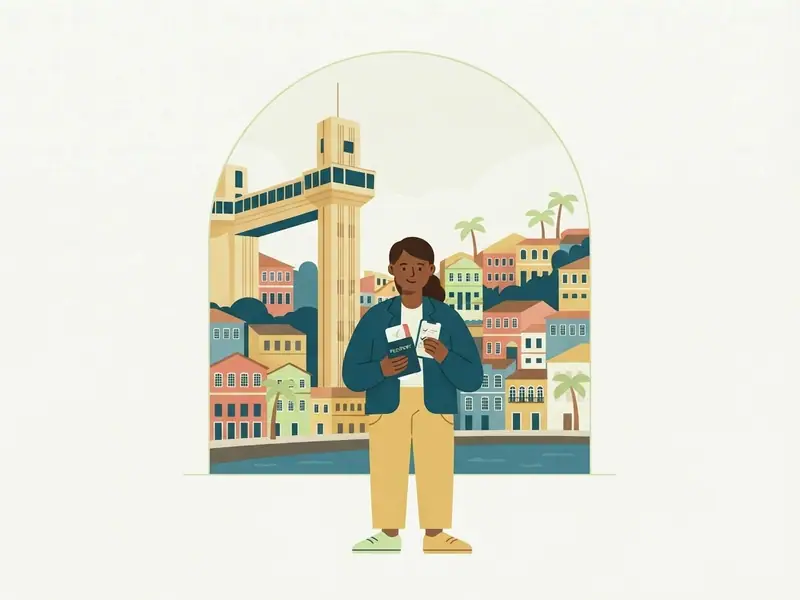 Ilustração de viajante com passaporte e celular diante do Elevador Lacerda e dos casarões coloridos do Pelourinho