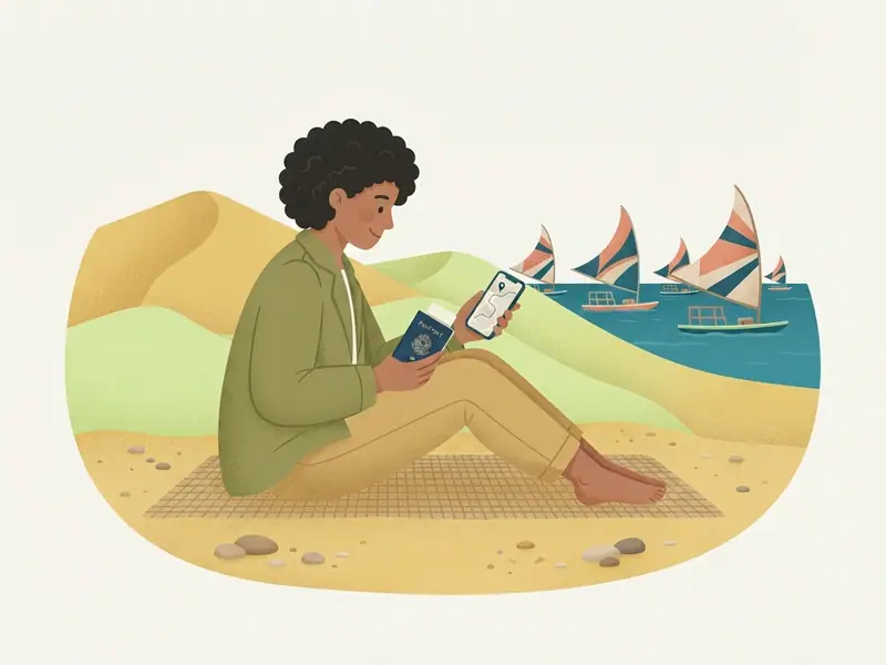 Ilustração de viajante com passaporte e celular diante da praia de Fortaleza com jangadas e dunas