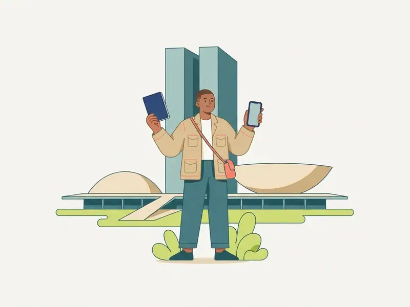 Ilustração de viajante com passaporte e celular diante das torres e cúpulas do Congresso Nacional