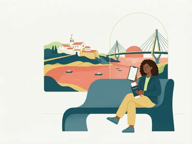 Ilustração de viajante com passaporte e celular diante do Convento da Penha sobre a baía de Vitória