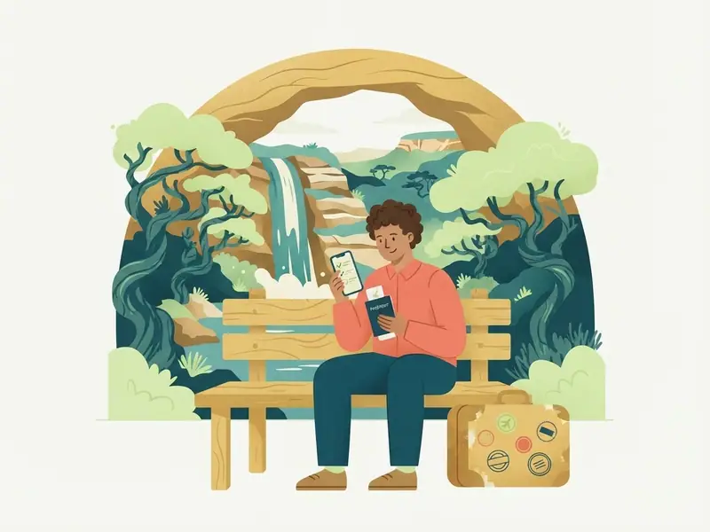 Ilustração de viajante com passaporte e celular diante das cachoeiras e árvores do cerrado da Chapada dos Veadeiros