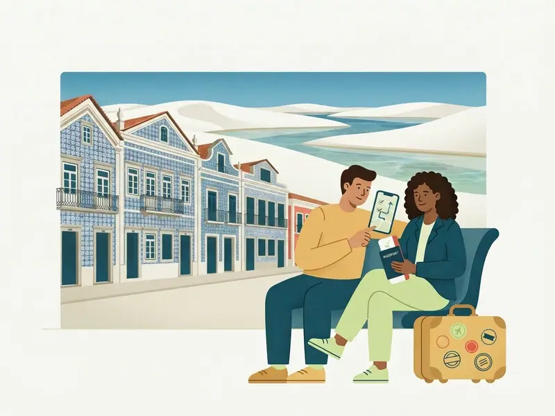 Ilustração de viajante com passaporte e celular diante dos casarões de azulejo de São Luís e das dunas dos Lençóis