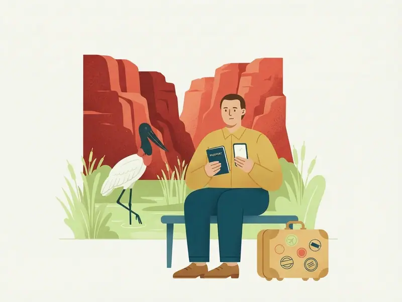 Ilustração de viajante com passaporte e celular diante dos paredões vermelhos da Chapada dos Guimarães e um tuiuiú