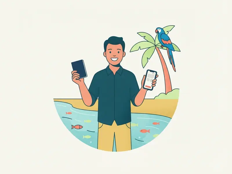 Ilustração de viajante com passaporte e celular diante de um rio de água cristalina e uma arara-azul
