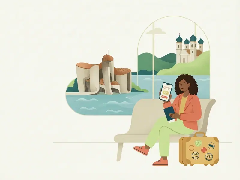 Ilustração de viajante com passaporte e celular diante da igreja da Pampulha e torres de igrejas barrocas nas montanhas