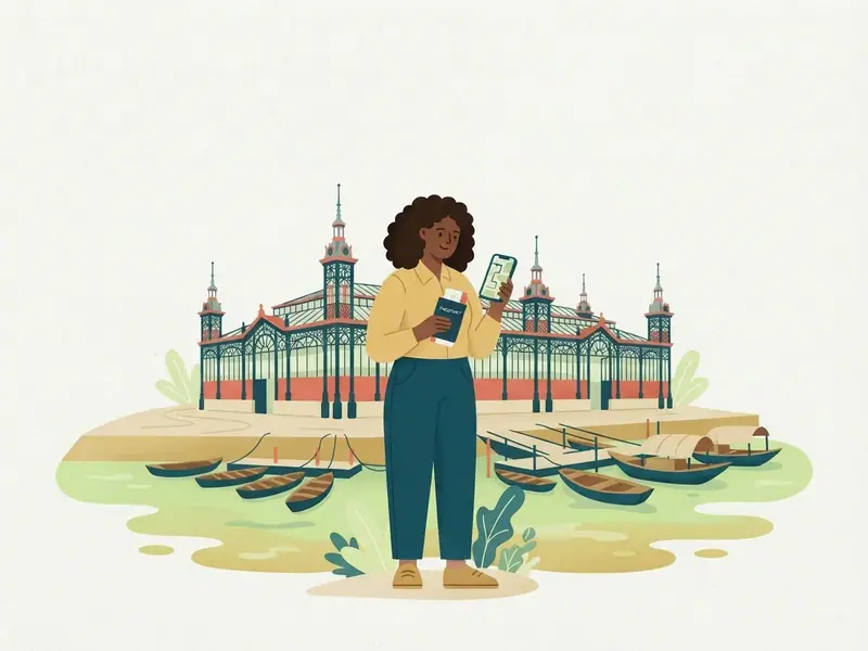 Ilustração de viajante com passaporte e celular diante do mercado Ver-o-Peso à beira do rio