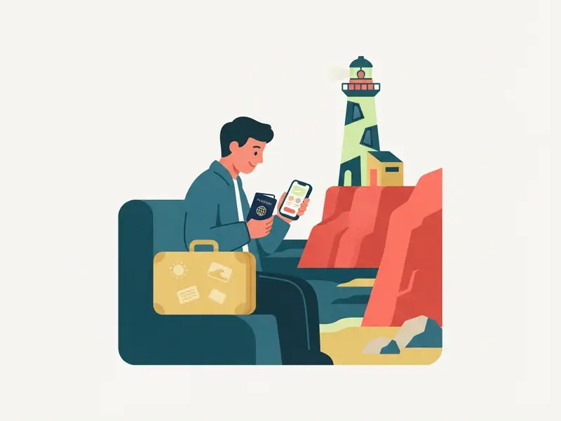 Ilustração de viajante com passaporte e celular diante do farol do Cabo Branco sobre as falésias