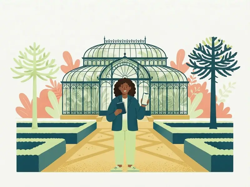 Ilustração de viajante com passaporte e celular diante da estufa do Jardim Botânico de Curitiba e araucárias