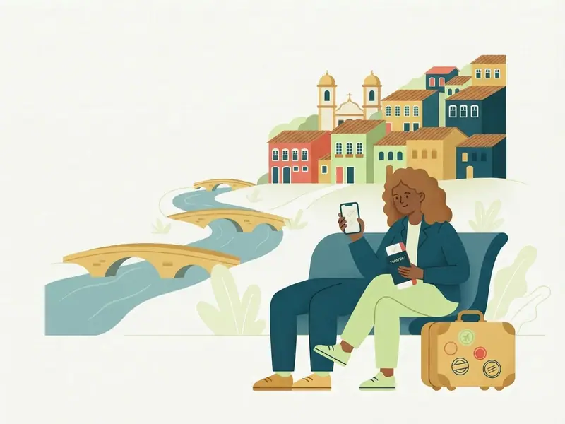 Ilustração de viajante com passaporte e celular diante das pontes do Recife e dos casarões de Olinda