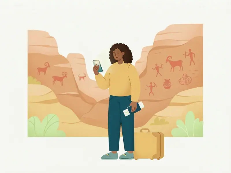 Ilustração de viajante com passaporte e celular diante das pinturas rupestres da Serra da Capivara