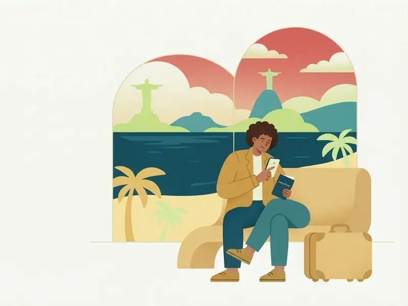 Ilustração de viajante com passaporte e celular diante do Cristo Redentor e do Pão de Açúcar